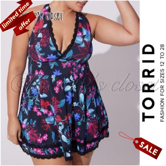Torrid Black Floral Wireless Mid Lace Trim Swim Dress Swimsuit 2X 18 20 - Picture 1 of 15